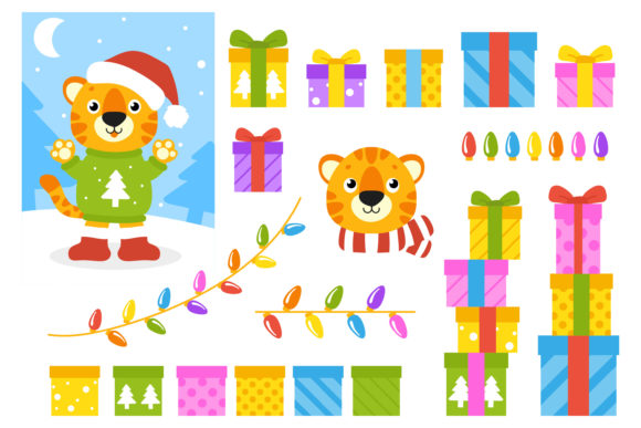 Download Tiger Symbol in a Winter Hat with Gifts. - Premium Bundle